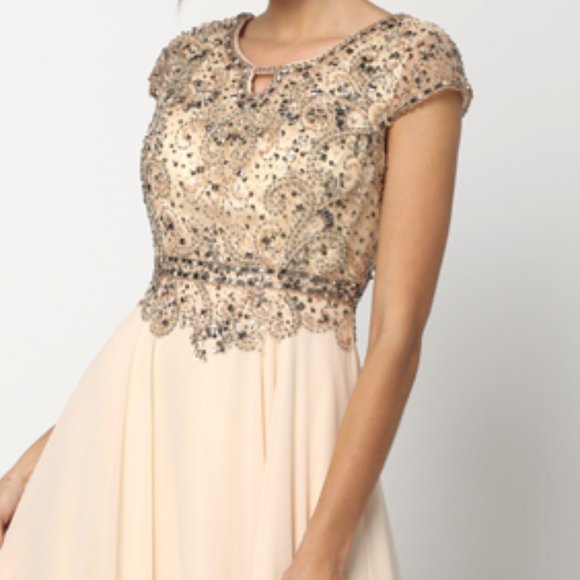 NEW FLOOR LENGTH A-LINE POLYESTER DRESS EMBROIDERED WITH RHINESTONES JT 657 - Picture 4 of 8